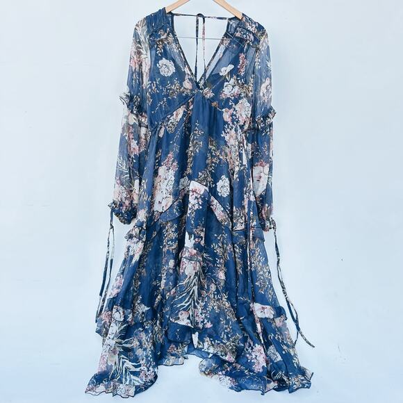 ASOS Tiered Chiffon Sheer Long Sleeve Midi Dress Navy Floral 2 Boho Flowy - Picture 4 of 12